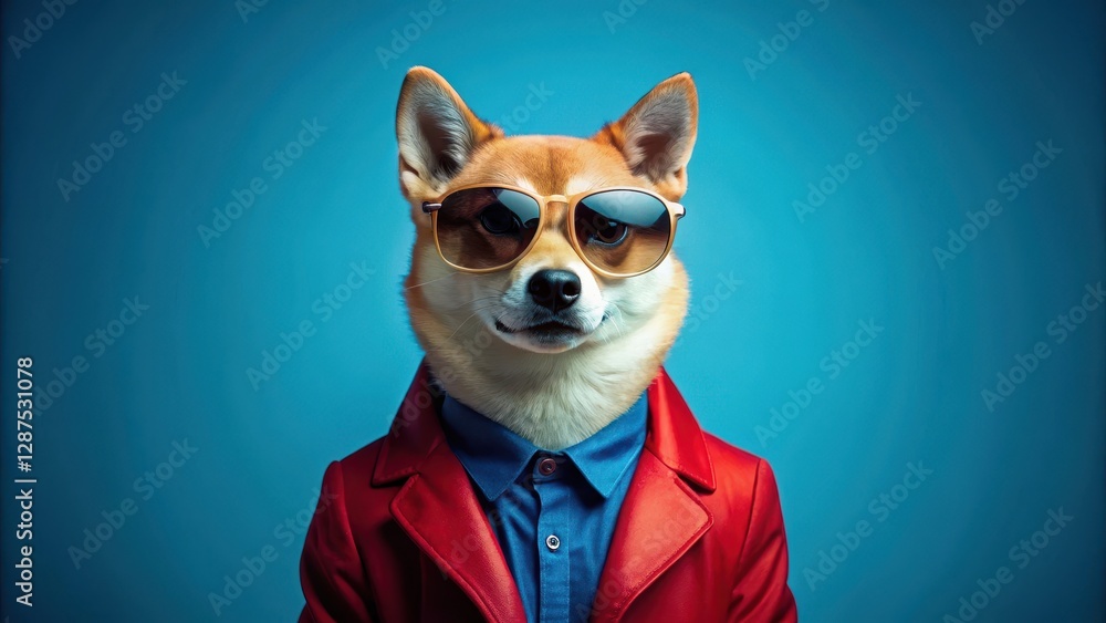 A stylish canine in a red coat and sunglasses against a vibrant blue backdrop A stylish canine in a red coat and sunglasses against a vibrant blue backdrop