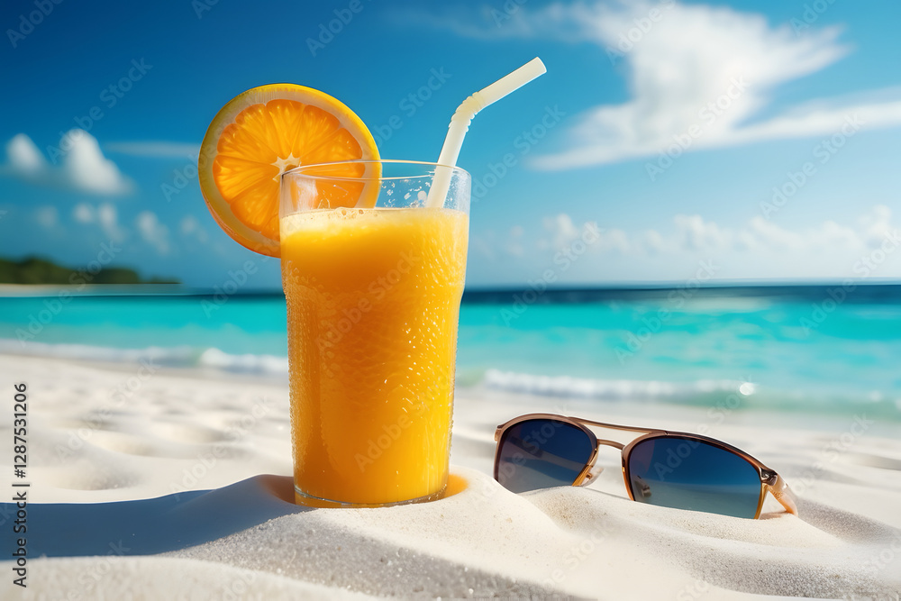 Obraz premium detail image about A fresh orange juice and sunglass on the white sand beautiful beach under good weather with blue and clear sea