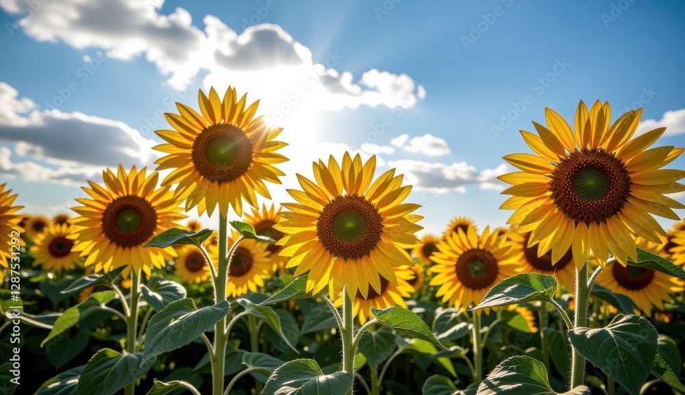 Fototapeta premium Sunflowers bloom under a vibrant sky with a full moon and clouds during sunset
