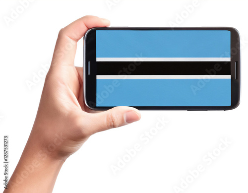 ボツワナの国旗が画面に表示されているスマートフォンを持つ手。白背景。(Hand holding smartphone, screen is Botswana flag. on white background.)
 photo