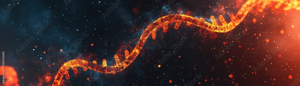 A vibrant, abstract representation of DNA strands, showcasing intricate details with glowing elements against a cosmic background. A vibrant, abstract representation of DNA strands, showcasing intricate details with glowing elements against a cosmic background.