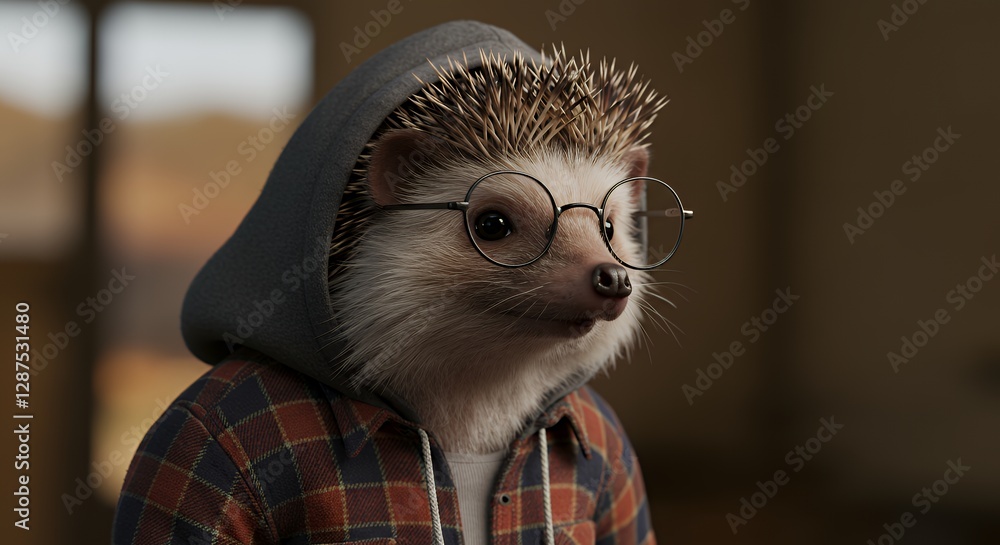 Obraz premium Hedgehog Wearing Glasses and Hoodie in Relaxed Indoor Setting