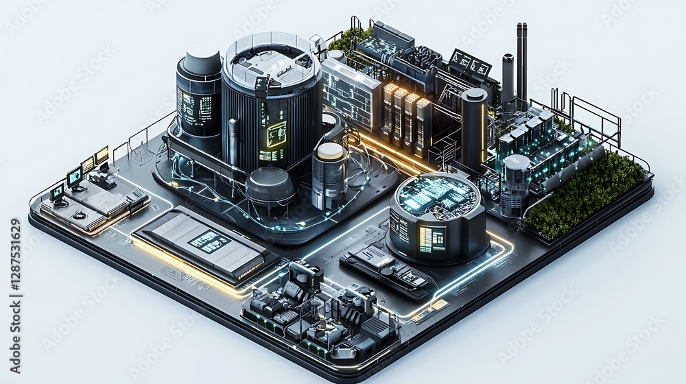 Futuristic Industrial Complex with Neon Lights and Advanced Technology Elements Futuristic Industrial Complex with Neon Lights and Advanced Technology Elements