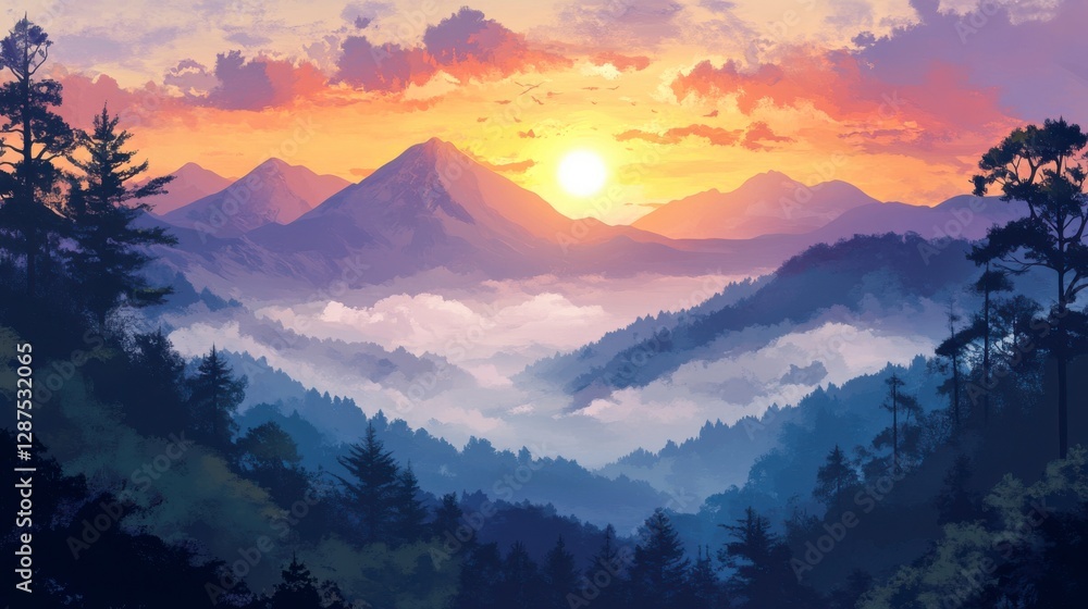 Obraz premium A peaceful mountain landscape with warm sunlight illustration