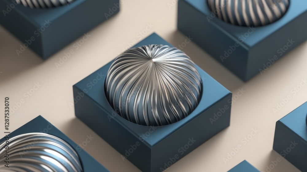 Fototapeta premium Metallic decorative arts displayed on a minimalist blue backdrop showcasing intricate designs and craftsmanship skills