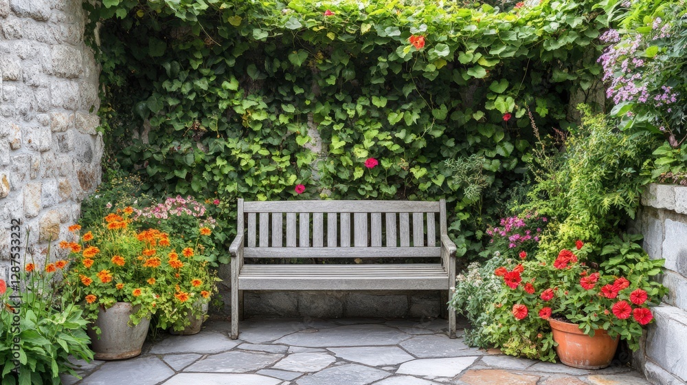 Obraz premium Garden Bench Nestled Among Lush Blooming Flowers