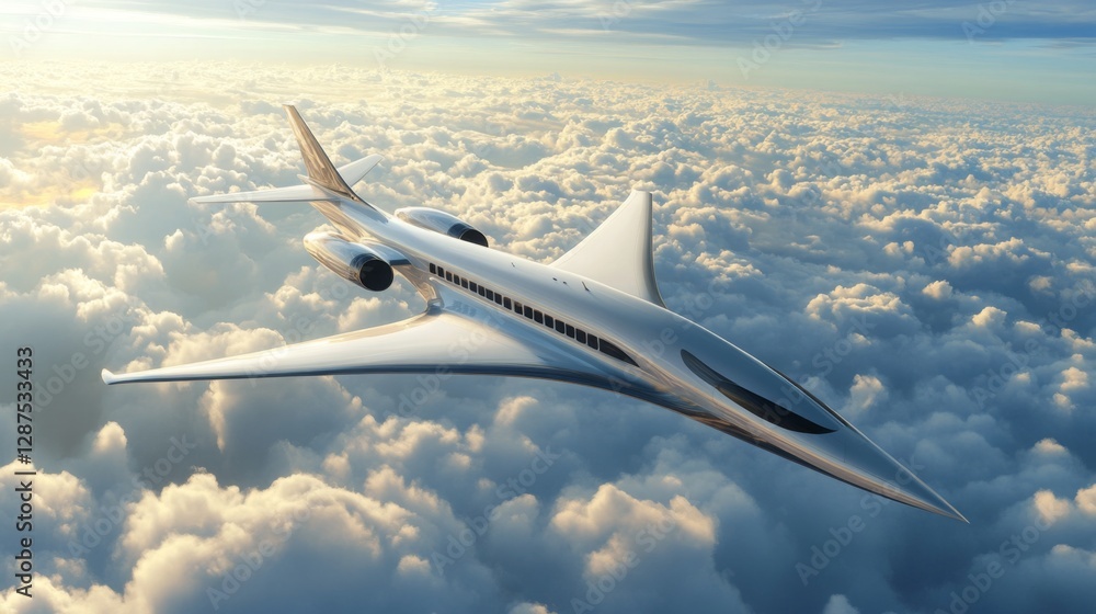 Fototapeta premium High-speed aircraft soaring above the clouds during a vibrant sunset sky in the backdrop of modern aviation innovation
