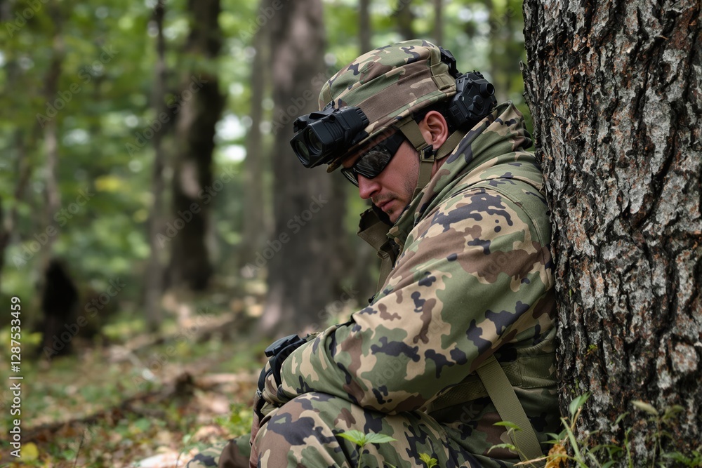 Close-up of the Exhausted Camouflaged Sniper Leaning Against a Forest Tree Close-up of the Exhausted Camouflaged Sniper Leaning Against a Forest Tree