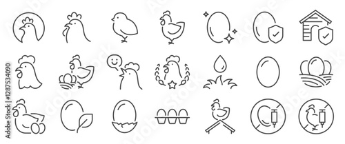 Chicken and egg icon set. It includes farm, agriculture, grass-fed, organic, and more icons. Editable Vector Stroke.
