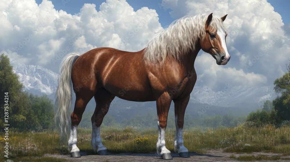 Obraz premium Majestic horse standing in a lush meadow with mountains and clouds in the background during a sunny day