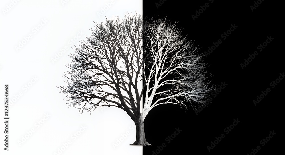 Fototapeta premium Abstract Bare Tree Symbolizing Duality with Black and White Background
