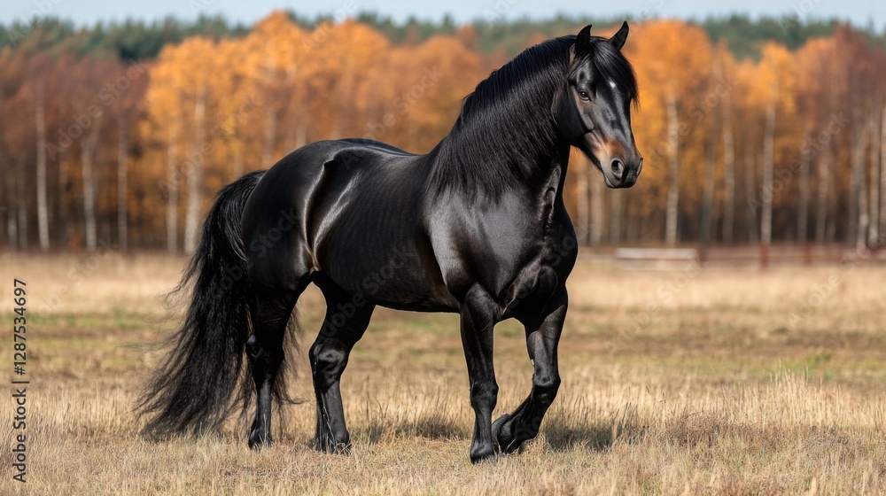 Black stallion galloping through an autumn field with golden trees in the background during a sunny day Black stallion galloping through an autumn field with golden trees in the background during a sunny day