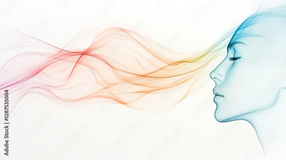 Mindful Serenity: A captivating illustration depicts a woman in serene profile with eyes closed, her face enveloped by a flowing stream of vibrant, ethereal colors. Mindful Serenity: A captivating illustration depicts a woman in serene profile with eyes closed, her face enveloped by a flowing stream of vibrant, ethereal colors.