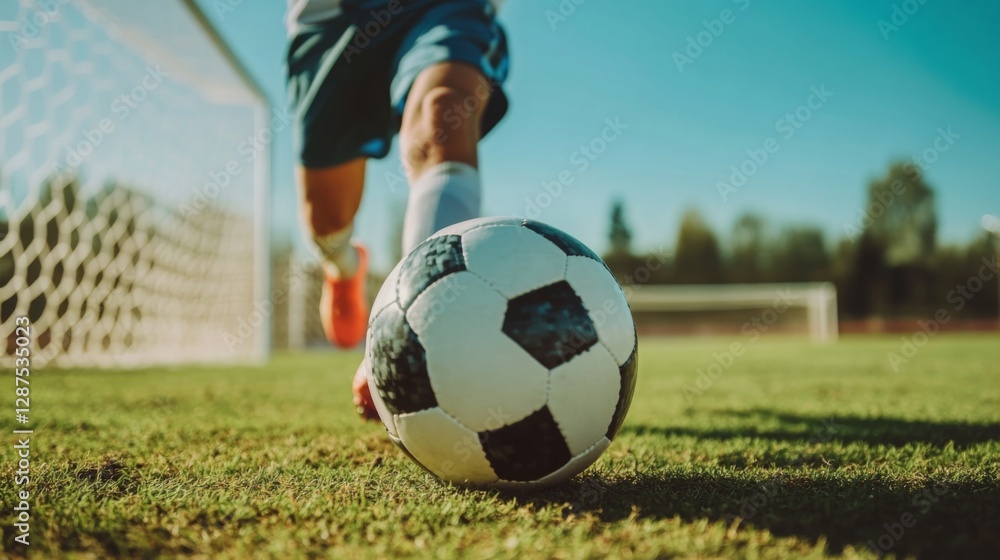Soccer player kicking ball towards the goal on a sunny afternoon at a sports field Soccer player kicking ball towards the goal on a sunny afternoon at a sports field