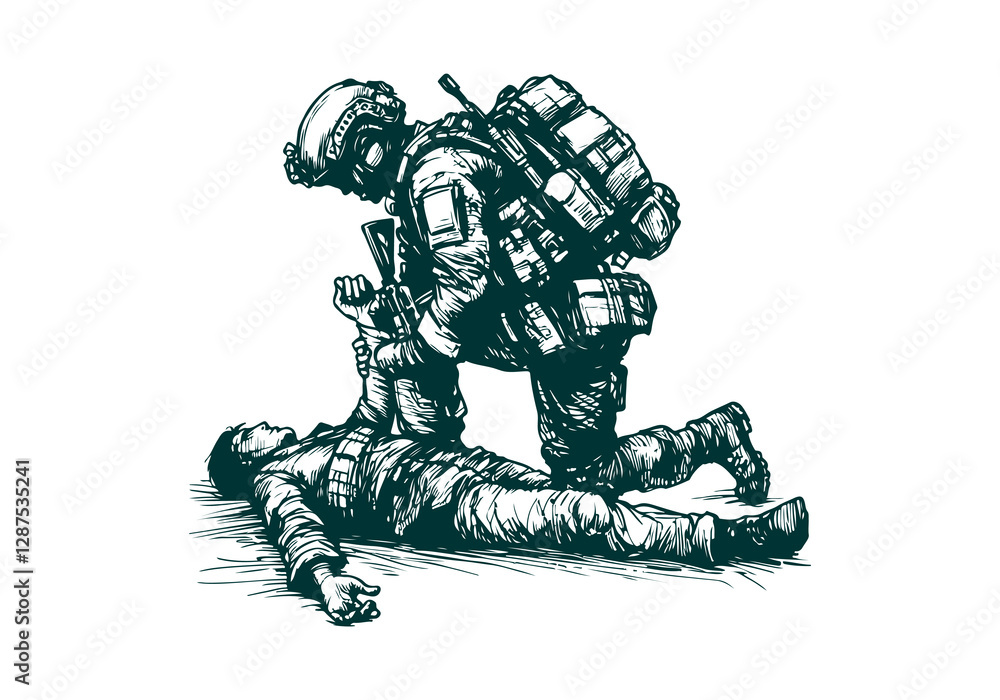 Obraz premium Soldier Military hand drawn sketch illustration vector