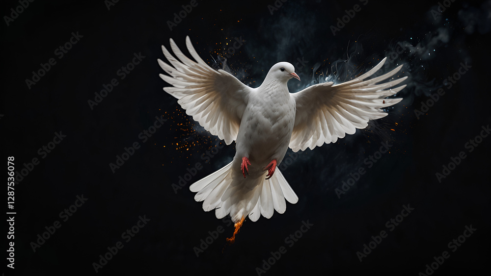 Fototapeta premium AI-generated flying white dove against a dark background with a fire effect. A representation of peace