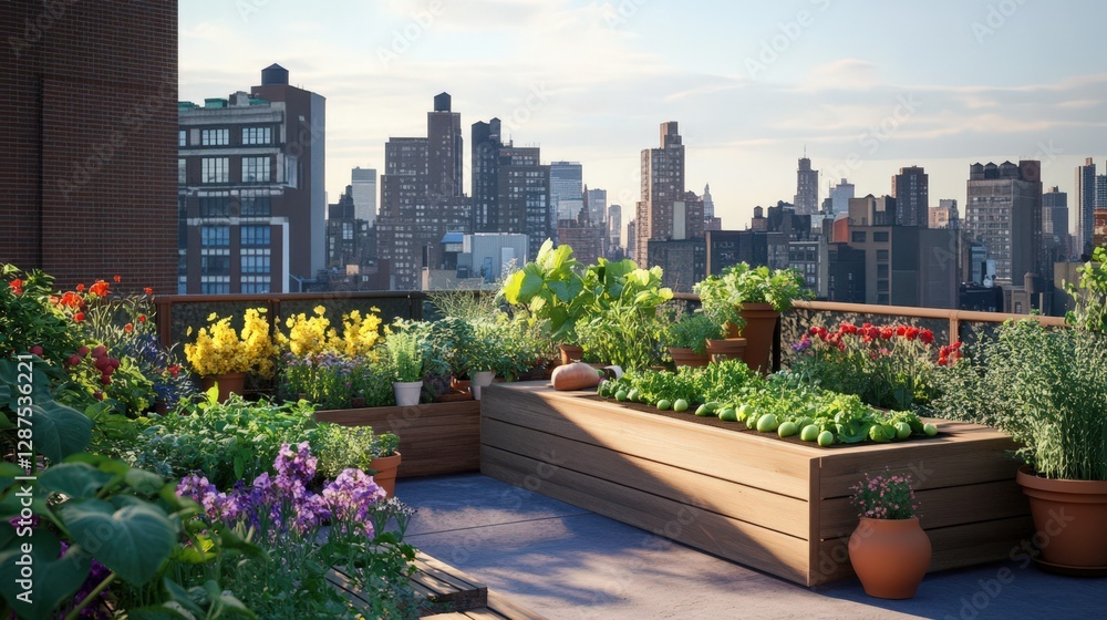 Fototapeta premium Rooftop Garden Overlooking City Skyline