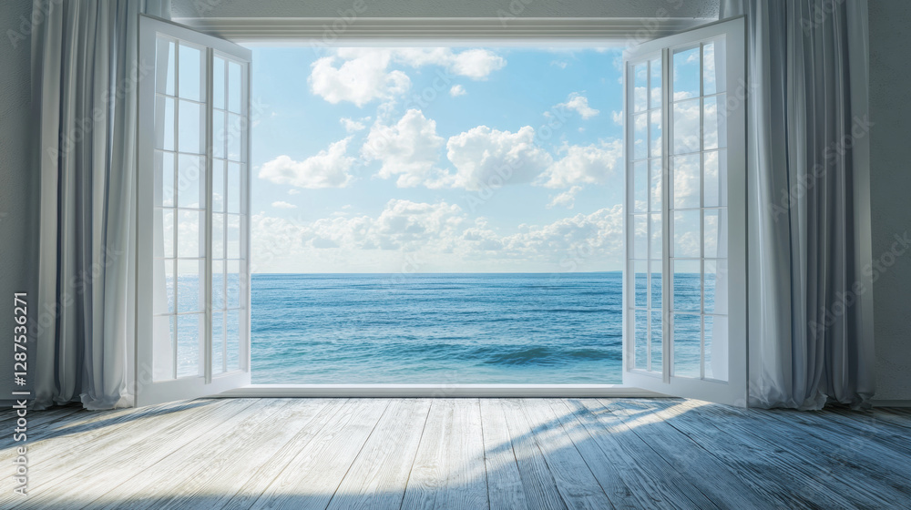 Fototapeta premium Oceanfront view windows view beach scenery seaside tropical nature landscape scene wallpaper background