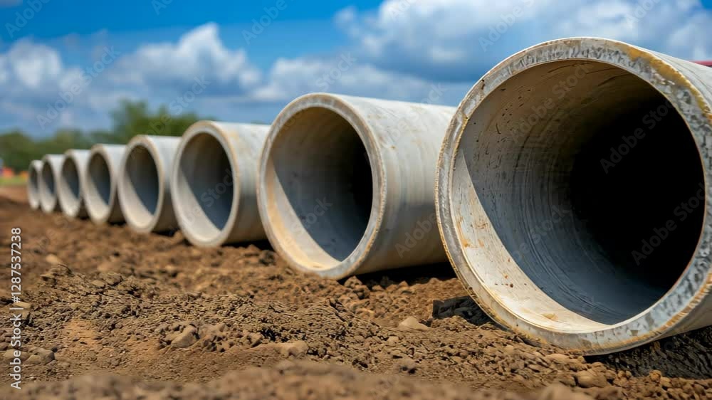 Concrete Pipes Installation Along Roadway Depicting Infrastructure Development and Construction Progress in Urban Environment Under Blue Sky with Clouds Concrete Pipes Installation Along Roadway Depicting Infrastructure Development and Construction Progress in Urban Environment Under Blue Sky with Clouds