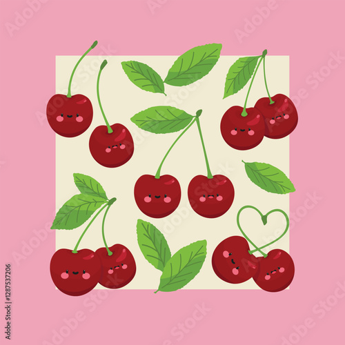 A vibrant image of cherries adorned with hearts and leaves, set against a soft pink background, radiating sweetness and charm. 