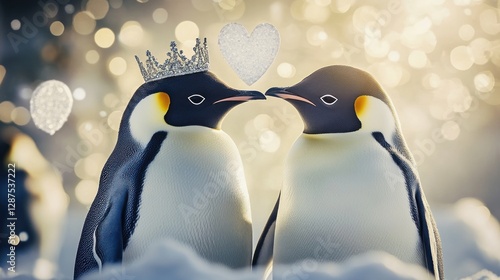 real picture 2 penguin couples getting married, atmosphere full of love and romance. 1 penguin wearing a crown and wedding dress.