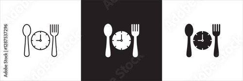 Lunch time icon set. Time break for lunch icon collection. Icon set contain symbol of restaurant, dinner, eat schedule, rest hours, lunchtime, eat, cafe, routine. Vector stock illustration.