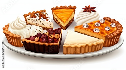 Assorted Thanksgiving dessert platter, featuring pie slices and mini pastries, vector clipart style, isolated on white background