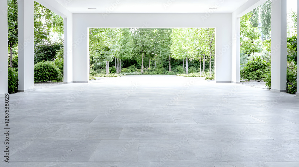 Fototapeta premium Modern building, covered patio, green garden view, tranquil setting, architectural design