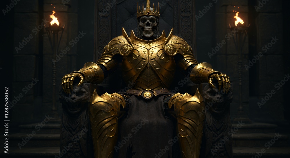 Skeleton King Wearing Golden Armor Sitting on Throne in Dark Castle Skeleton King Wearing Golden Armor Sitting on Throne in Dark Castle