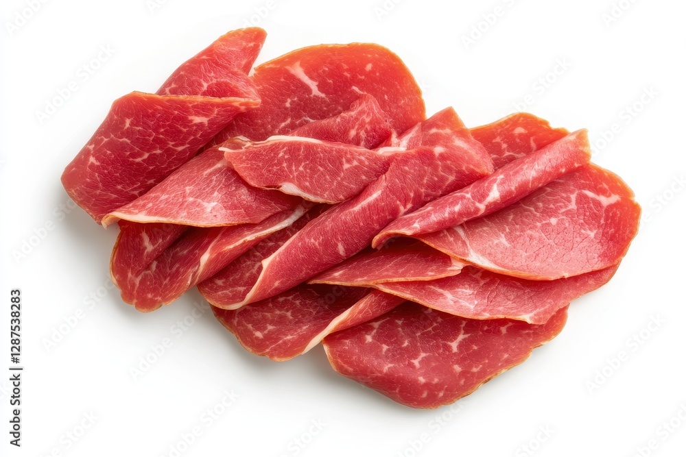 Fresh Raw Slices of Thin Cut Red Meat Isolated on White Background for Culinary Uses Fresh Raw Slices of Thin Cut Red Meat Isolated on White Background for Culinary Uses