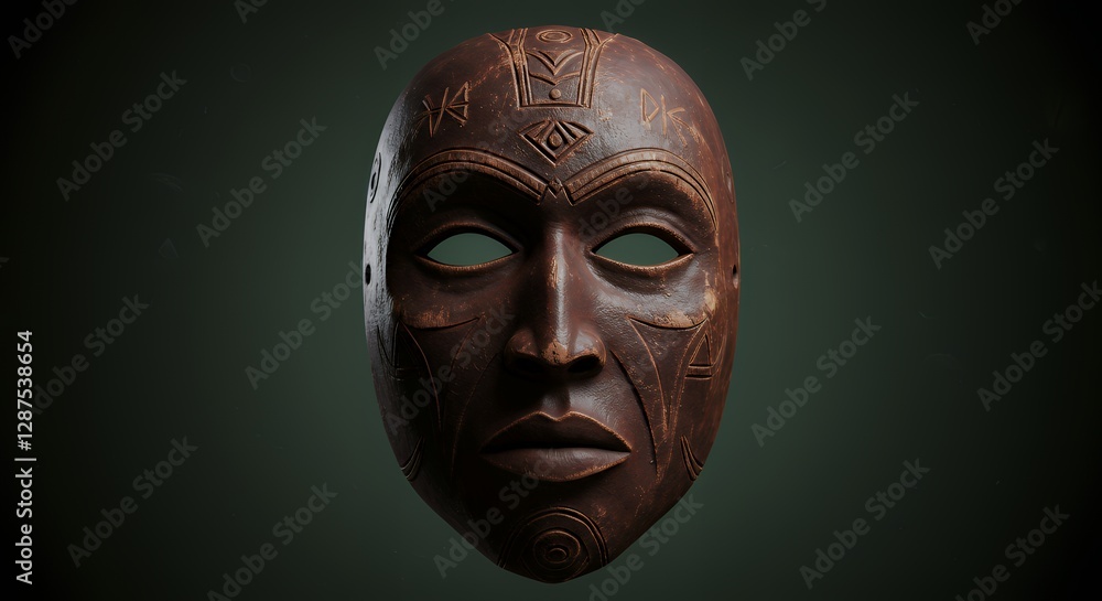 Wooden African Mask with Tribal Carvings on a Dark Background Wooden African Mask with Tribal Carvings on a Dark Background
