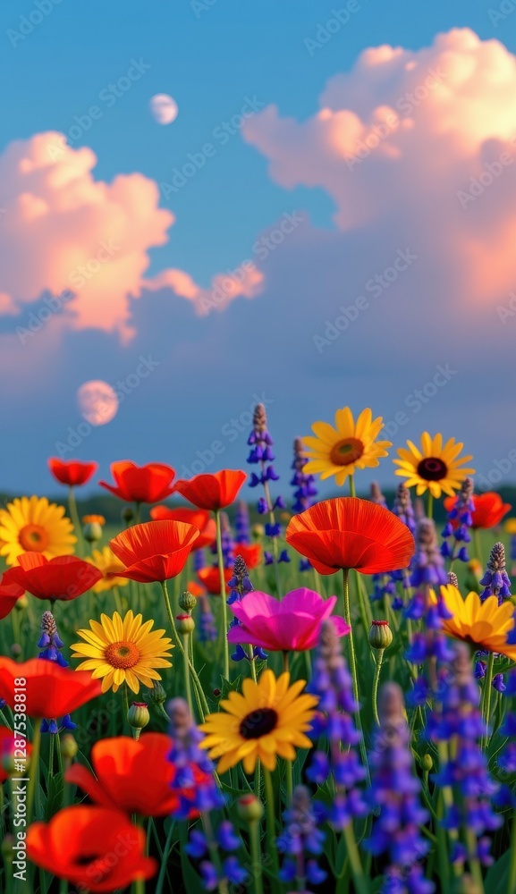 Vibrant wildflower meadow under a full moon glowing in an evening sky with colorful clouds Vibrant wildflower meadow under a full moon glowing in an evening sky with colorful clouds