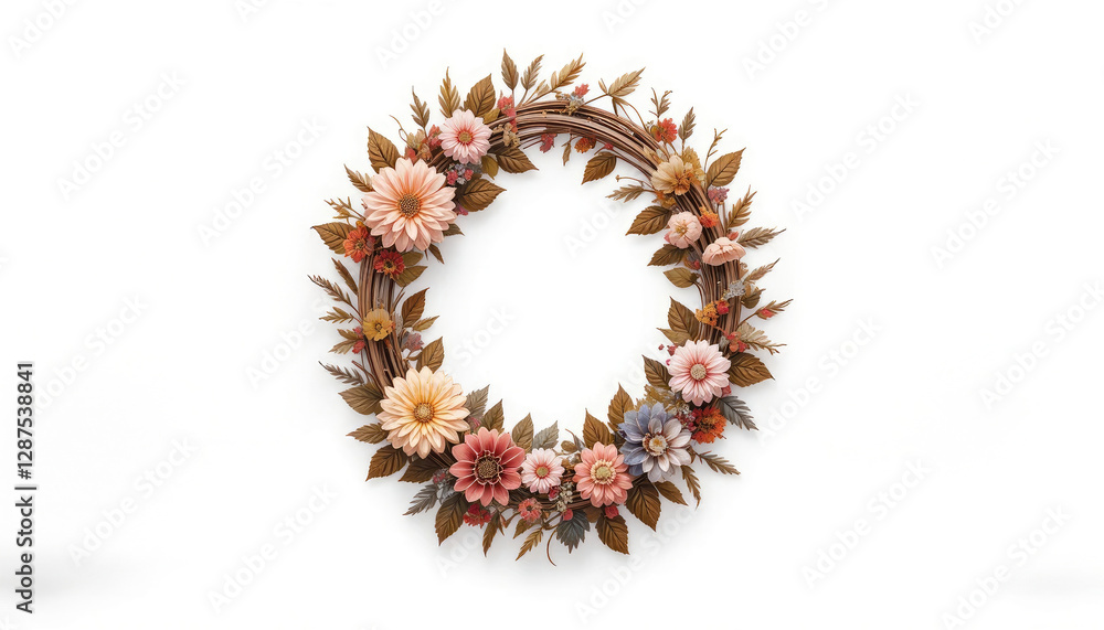 Fototapeta premium Floral Wreath with Pastel Flowers and Rustic Branches on White Backdrop