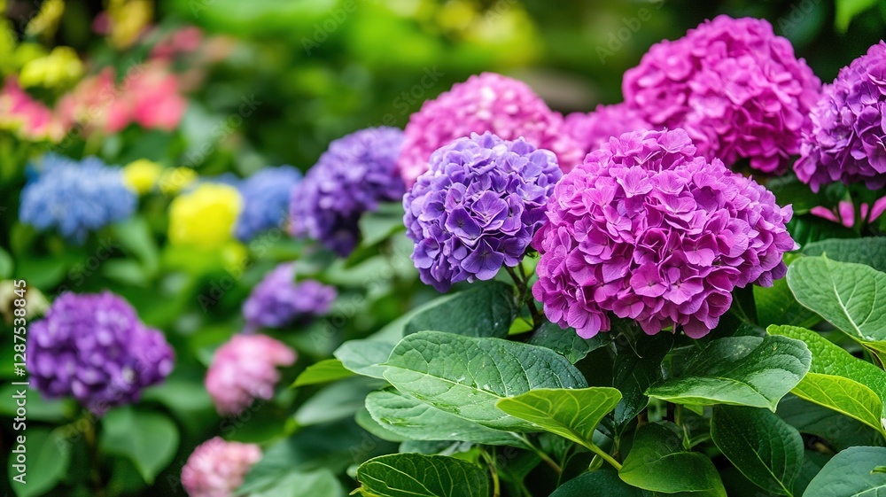 A stunning hydrangea bush with large, fluffy blooms of deep purple and pink flowers, set against a garden full of other colorful flowers. The hydrangea's vibrant colors pop against the green leaves A stunning hydrangea bush with large, fluffy blooms of deep purple and pink flowers, set against a garden full of other colorful flowers. The hydrangea's vibrant colors pop against the green leaves