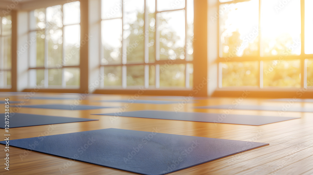 Fototapeta premium Serene Yoga Studio Interior with Sunlight Streaming Through Large Windows and Blue Mats on Wooden Floor