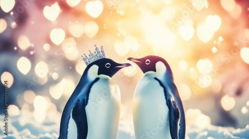 real picture 2 penguin couples getting married, atmosphere full of love and romance. 1 penguin wearing a crown and wedding dress.