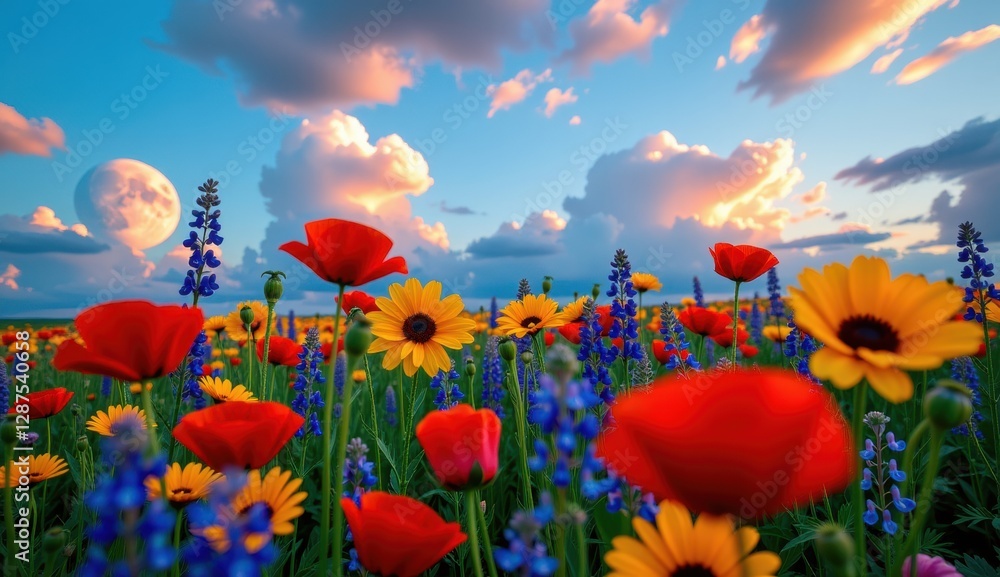 Fototapeta premium Vibrant wildflower meadow under a full moon glowing in an evening sky with colorful clouds