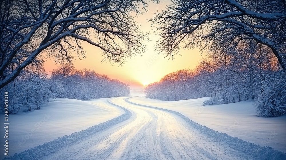 Breathtaking Scene of a Snow-Covered Tree-Lined Winter Road, Snow blankets the silent tree concept. Breathtaking Scene of a Snow-Covered Tree-Lined Winter Road, Snow blankets the silent tree concept.