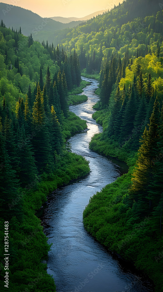 Fototapeta premium Pixelated River Winding Through Lush Forest at Sunrise
