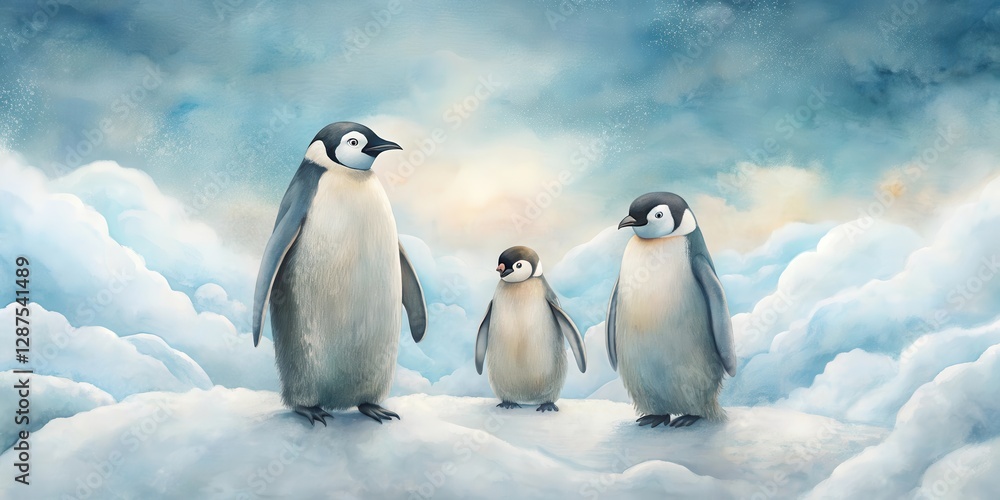 Obraz premium A Penguin Family's Serene Moment on a Snowy Landscape Under a Softly Lit Sky