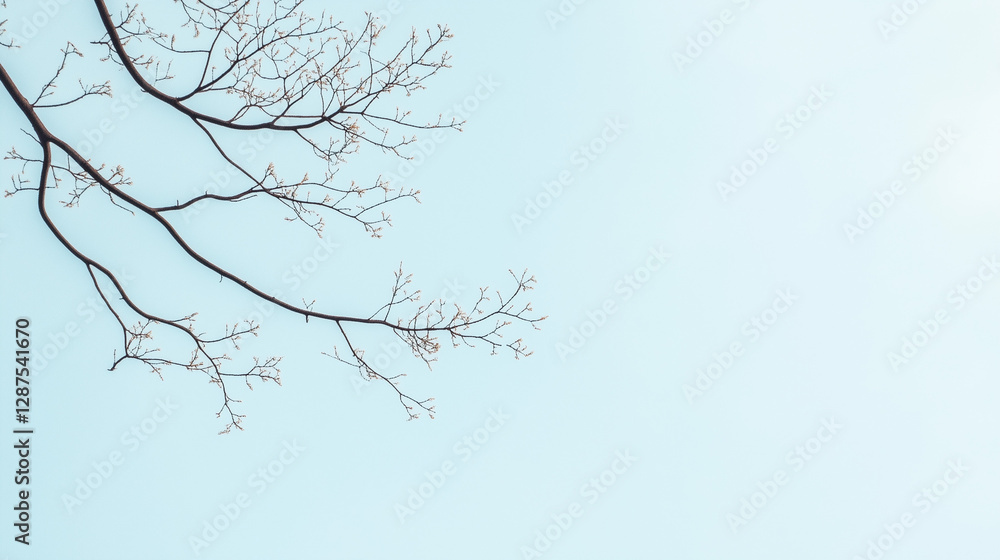 Obraz premium Bare Branch Reach: A solitary, slender tree branch, its delicate twigs reaching out towards a soft, pastel-colored sky, creating a minimalist and serene composition.