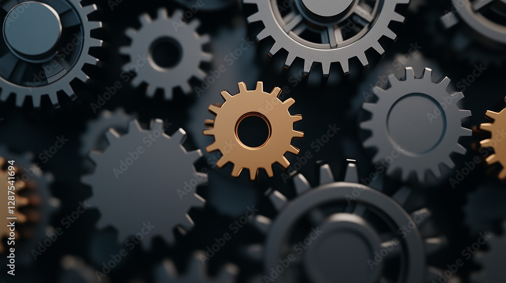 Interlocking Gears: A close-up, photorealistic image of multiple metallic gears, with a singular golden gear, symbolizing the synergy and interconnectivity of technology and industry. Interlocking Gears: A close-up, photorealistic image of multiple metallic gears, with a singular golden gear, symbolizing the synergy and interconnectivity of technology and industry.