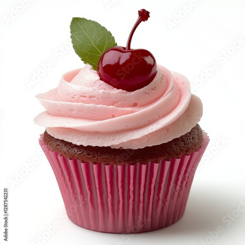 Sweet Treat: A delectable cupcake with a swirl of pink frosting, topped with a luscious cherry and a fresh green leaf, enticing the senses with its simple elegance. 