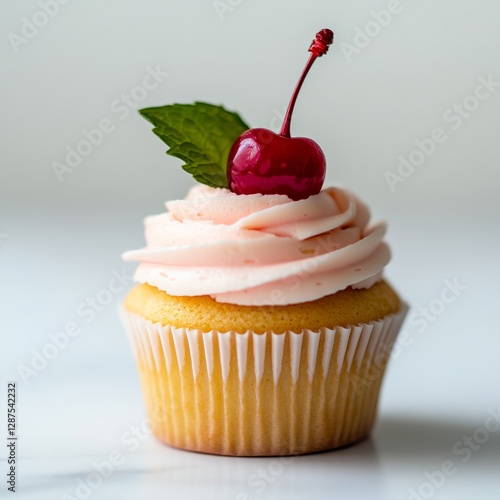 Delightful Cupcake with Cherry: A perfectly crafted cupcake, adorned with delicate pink frosting, a vibrant red cherry, and a fresh green mint leaf, promises a moment of sweet indulgence.