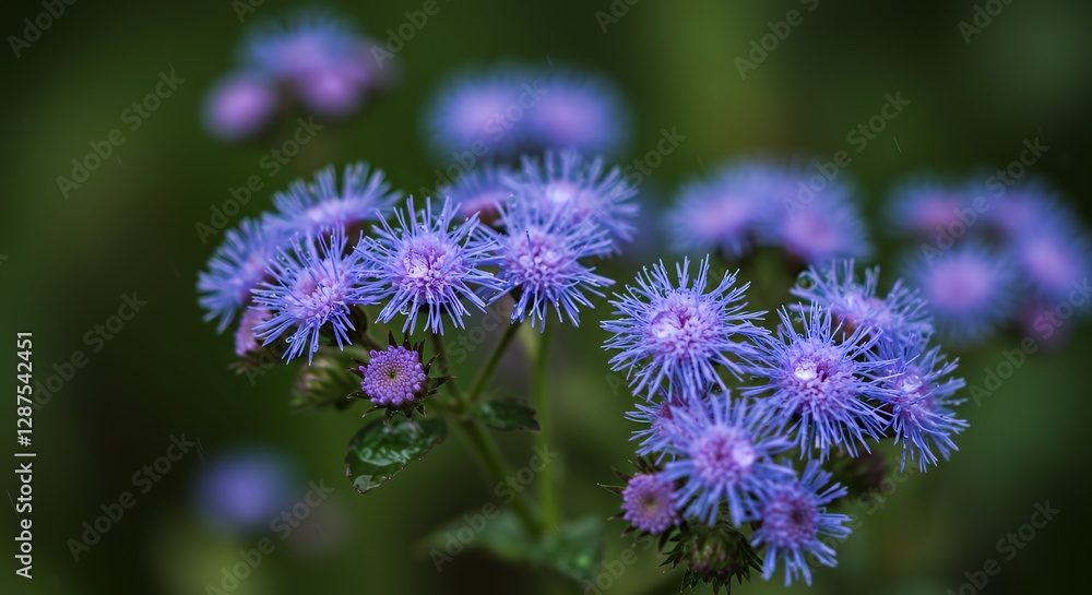 Close-up of Vibrant Purple Ageratum Flowers with Water Droplets Blooming Close-up of Vibrant Purple Ageratum Flowers with Water Droplets Blooming
