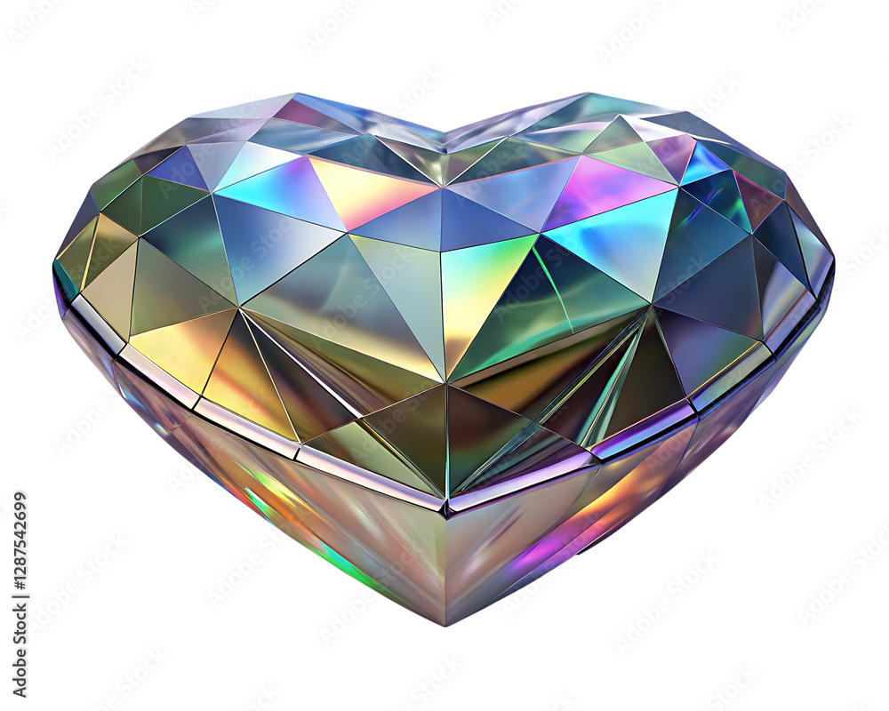 An iridescent heart-shaped diamond sparkles with prismatic colors and rainbow reflections in a 3D render. An iridescent heart-shaped diamond sparkles with prismatic colors and rainbow reflections in a 3D render.