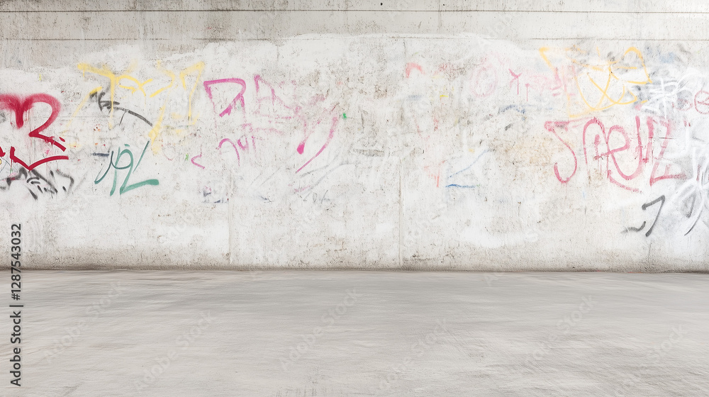 Obraz premium Urban Canvas: Graffiti-covered wall with textured concrete floor, depicting urban grit and underground art with colorful scribbles.
