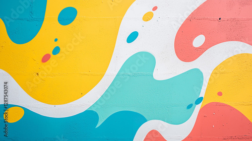 Vibrant Graffiti: An abstract mural with bright hues brings life to a urban landscape, with fluid forms that splash across the textured surface.