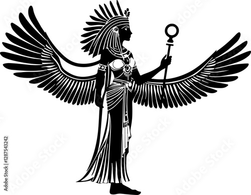 Egyptian goddess with outstretched wings, wearing a headdress