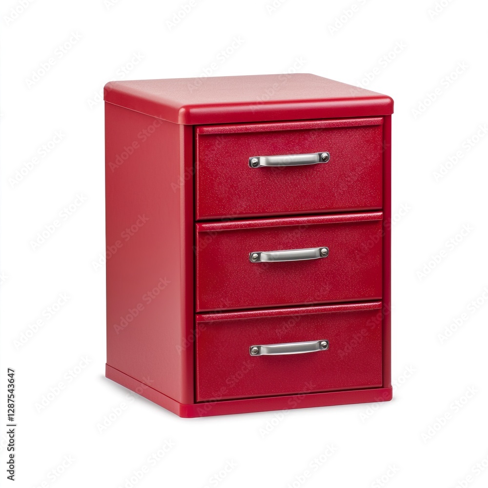 Bright Red Storage Cabinet with Three Drawers for Organization, Office Supplies Concept. Bright Red Storage Cabinet with Three Drawers for Organization, Office Supplies Concept.